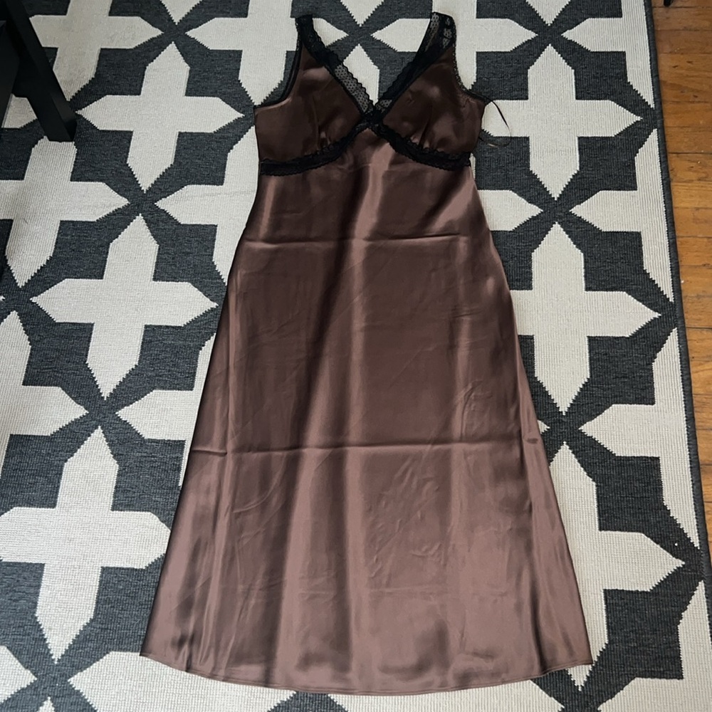 House of Harlow 1960 Brown Satin Black Lace Slip Dress - Picture 2 of 8